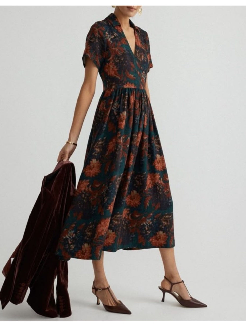 Tuckernuck Persimmon Floral Jacquard Adelaide Midi Dress, Large, Red Pink Green